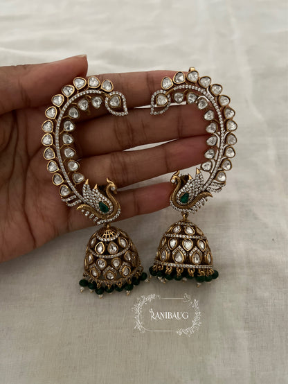 Mayuri Peacock Kundan Motif Antique Gold Finish Cuff Festive Earrings By Ranibaug