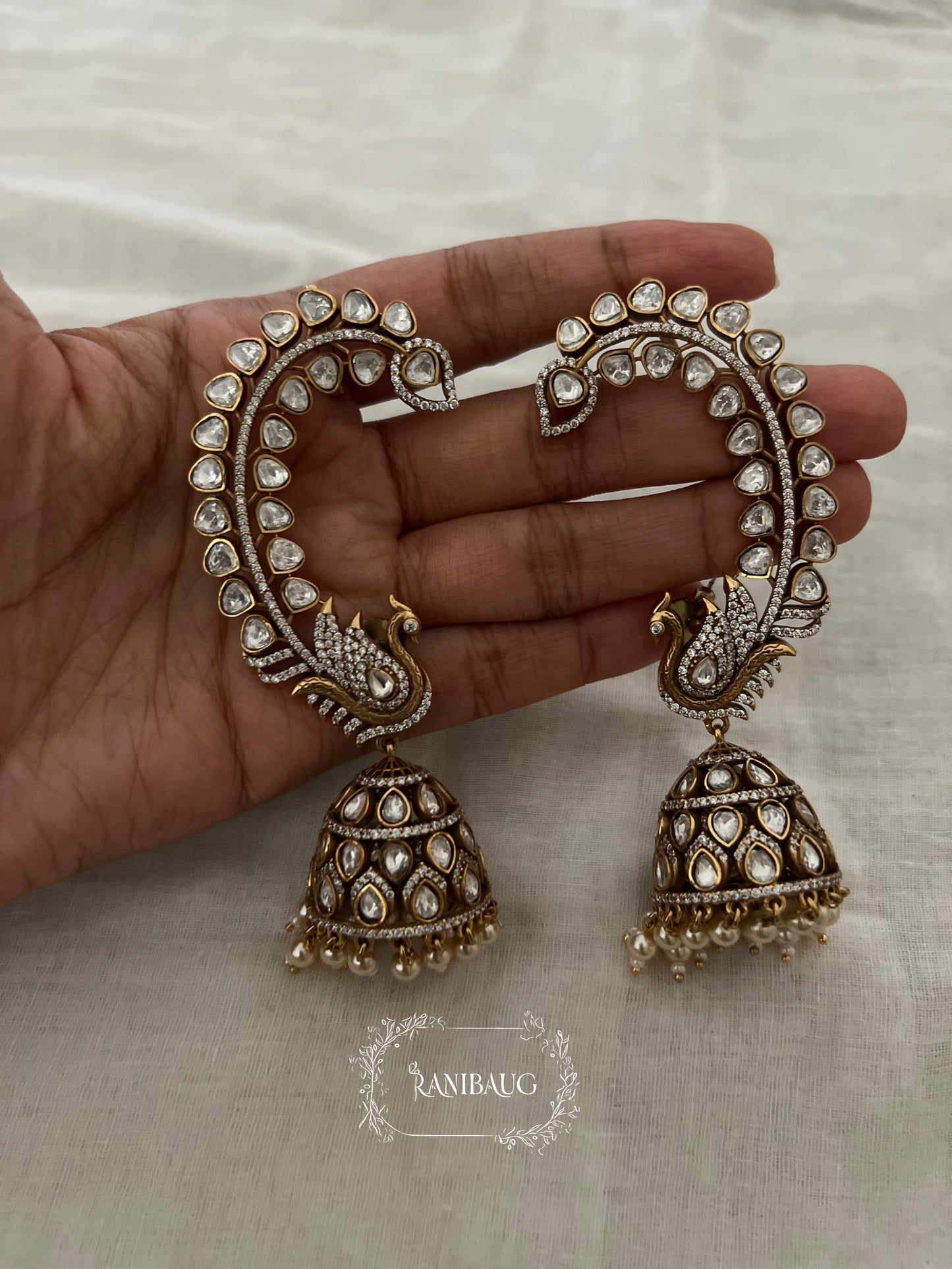 Mayuri Peacock Kundan Motif Antique Gold Finish Cuff Festive Earrings By Ranibaug