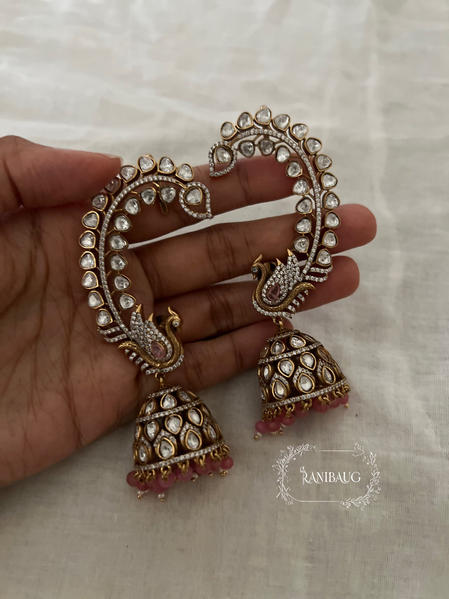 Mayuri Peacock Kundan Motif Antique Gold Finish Cuff Festive Earrings By Ranibaug