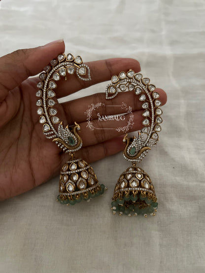 Mayuri Peacock Kundan Motif Antique Gold Finish Cuff Festive Earrings By Ranibaug