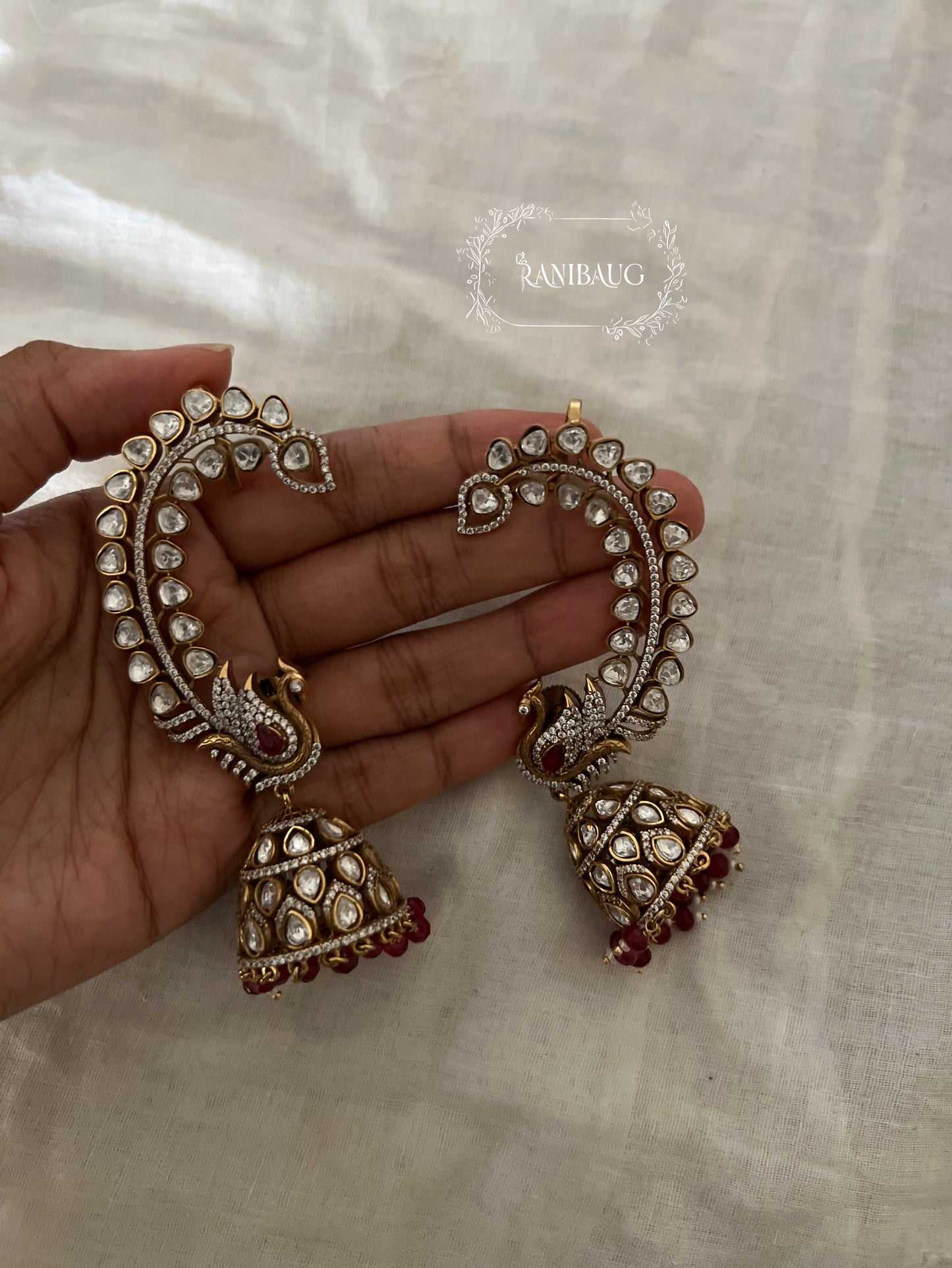 Mayuri Peacock Kundan Motif Antique Gold Finish Cuff Festive Earrings By Ranibaug