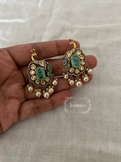 Mayurika Peacock Mint Stone Polki Pearl Festive Stud Earrings By Ranibaug