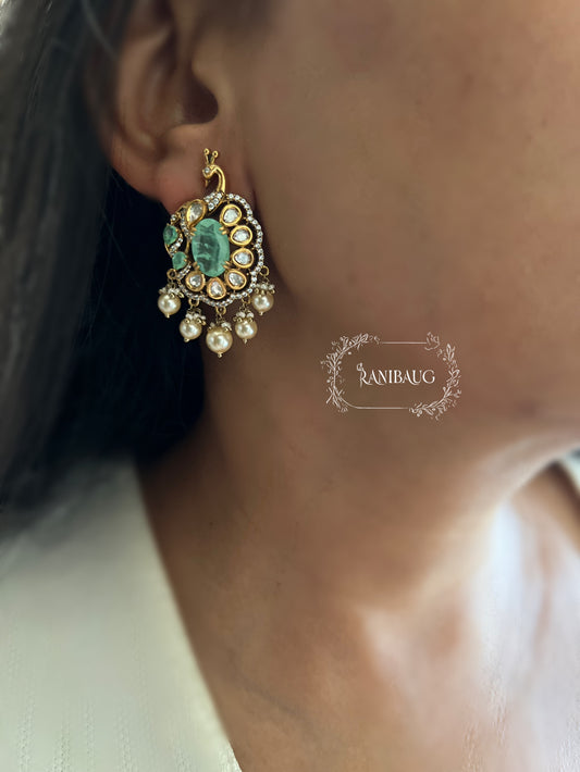 Mayurika Peacock Mint Stone Polki Pearl Festive Stud Earrings By Ranibaug