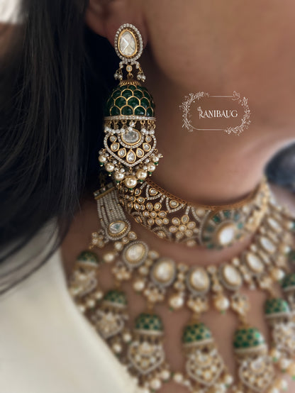 Meena Kumari Maharani Emerald & Polki Jhumka-Drop Heavy Bridal Set | Antique Gold Double-Layered Choker Combo Statement Bridal Necklace Collection By Ranibaug