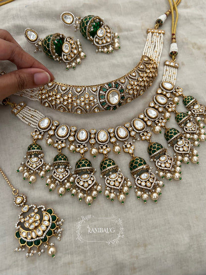 Meena Kumari Maharani Emerald & Polki Jhumka-Drop Heavy Bridal Set | Antique Gold Double-Layered Choker Combo Statement Bridal Necklace Collection By Ranibaug