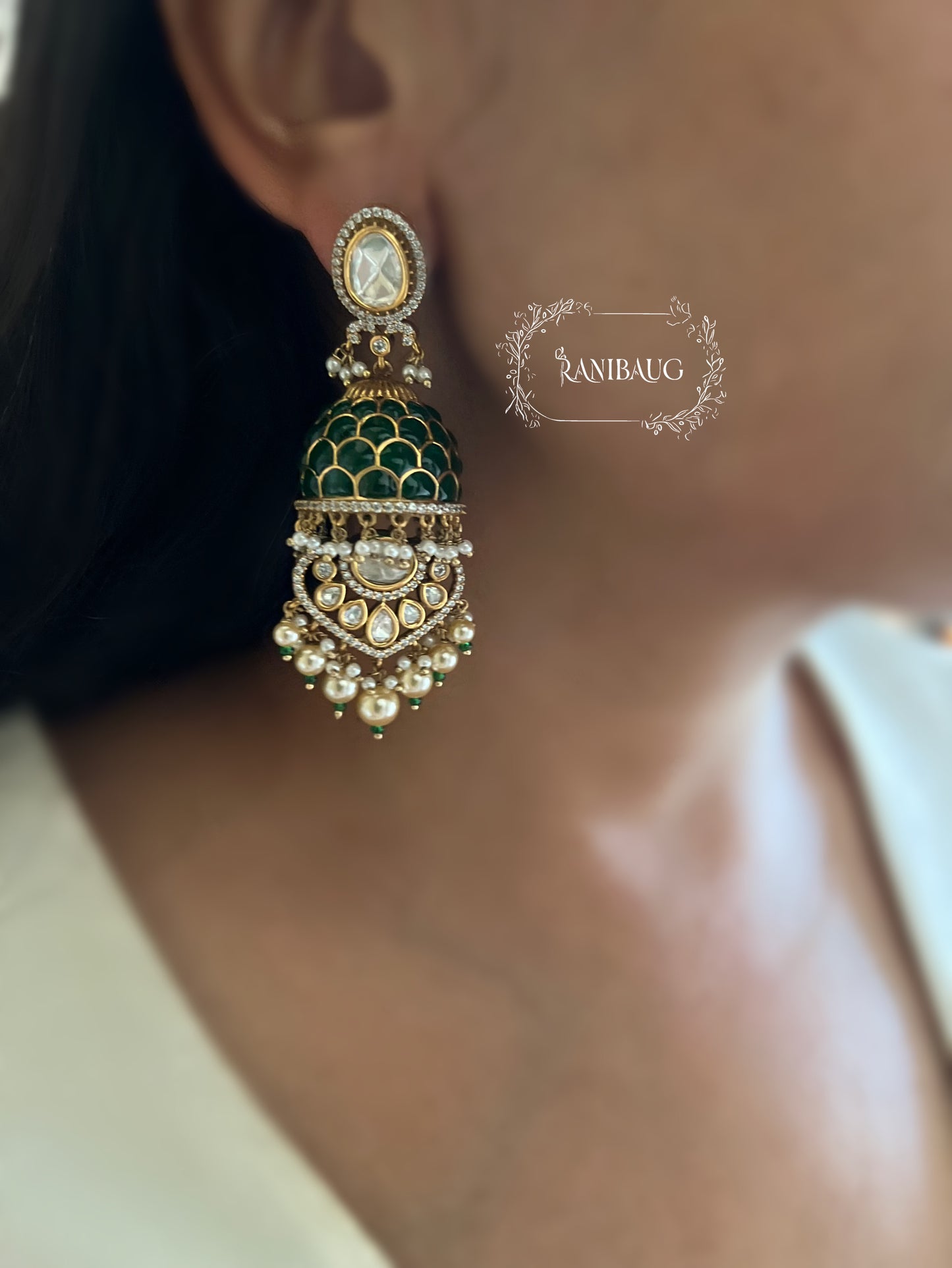Meena Kumari Maharani Emerald & Polki Jhumka-Drop Heavy Bridal Set | Antique Gold Double-Layered Choker Combo Statement Bridal Necklace Collection By Ranibaug