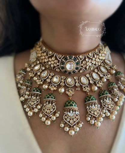 Meena Kumari Maharani Emerald & Polki Jhumka-Drop Heavy Bridal Set | Antique Gold Double-Layered Choker Combo Statement Bridal Necklace Collection By Ranibaug