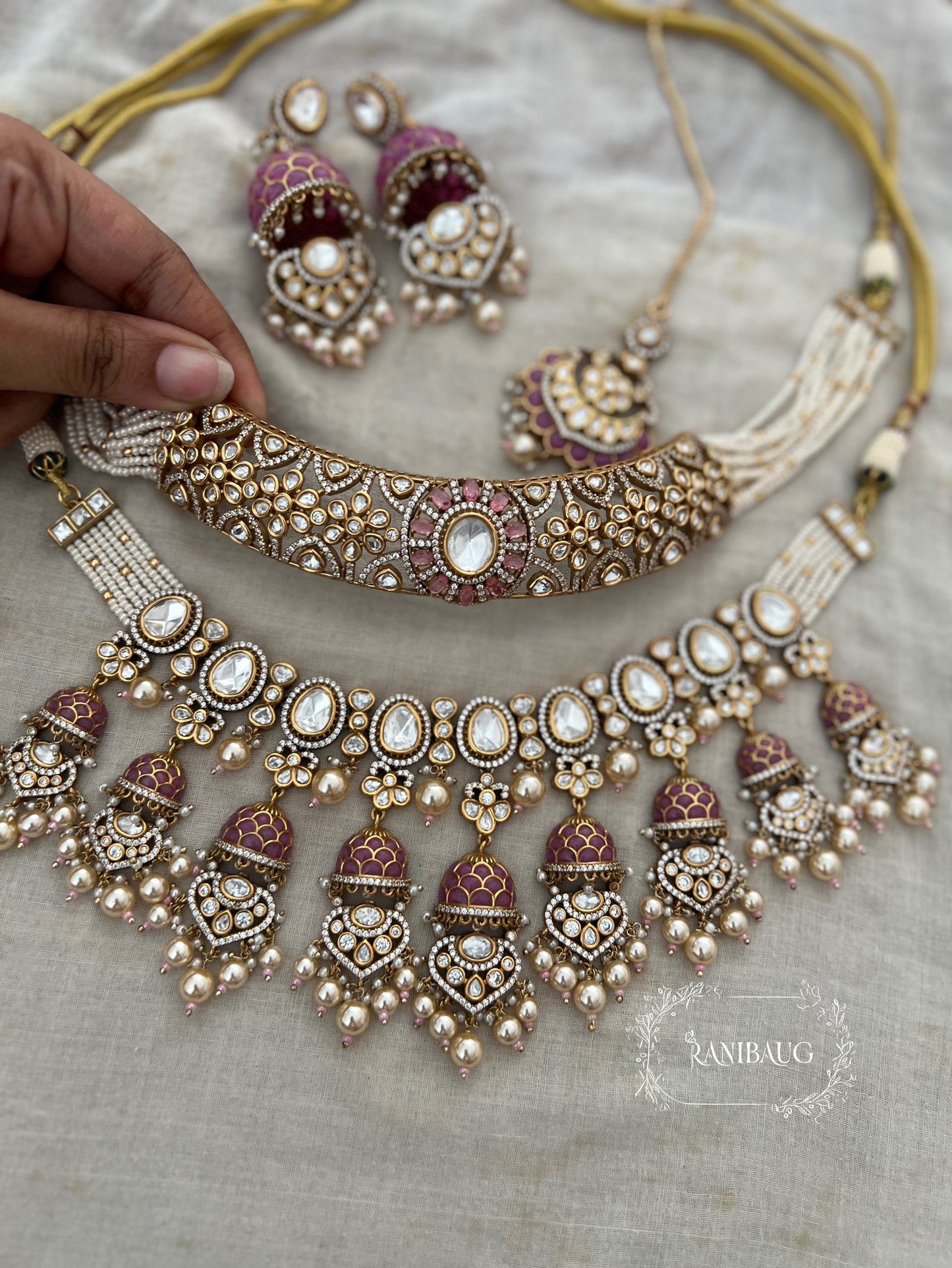 Meena Kumari Maharani Emerald & Polki Jhumka-Drop Heavy Bridal Set | Antique Gold Double-Layered Choker Combo Statement Bridal Necklace Collection By Ranibaug