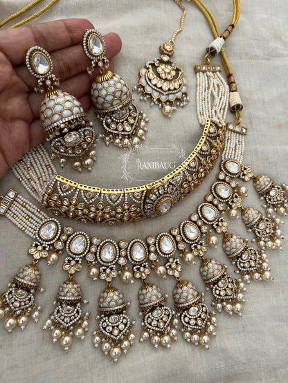 Meena Kumari Maharani Emerald & Polki Jhumka-Drop Heavy Bridal Set | Antique Gold Double-Layered Choker Combo Statement Bridal Necklace Collection By Ranibaug