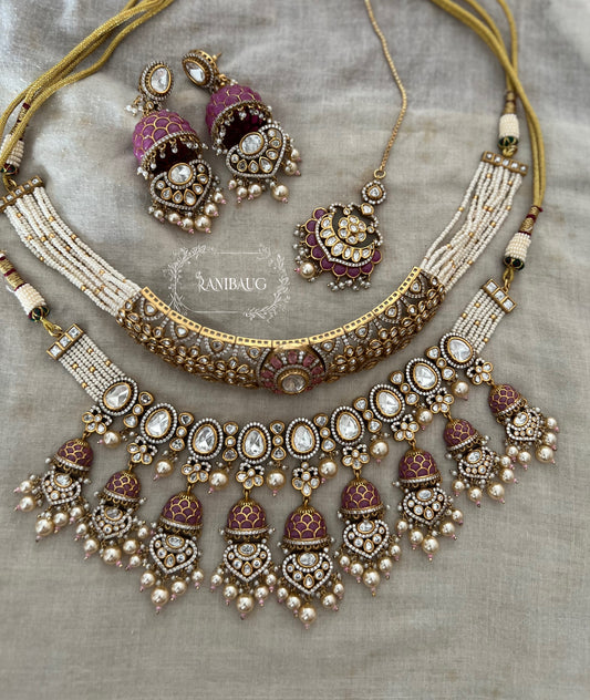 Meena Kumari Maharani Emerald & Polki Jhumka-Drop Heavy Bridal Set | Antique Gold Double-Layered Choker Combo Statement Bridal Necklace Collection By Ranibaug