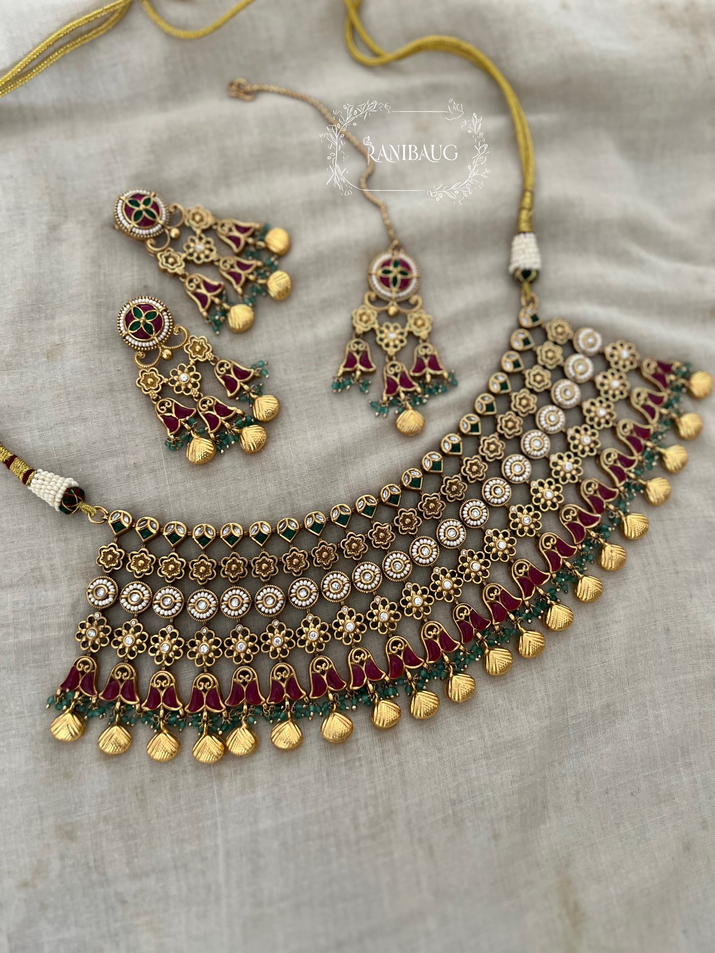 Meenakshi Gold Finish Heritage Heavy Choker Jewellery Set With Maangtika By Ranibaug