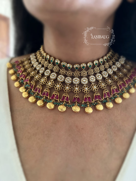 Meenakshi Gold Finish Heritage Heavy Choker Jewellery Set With Maangtika By Ranibaug