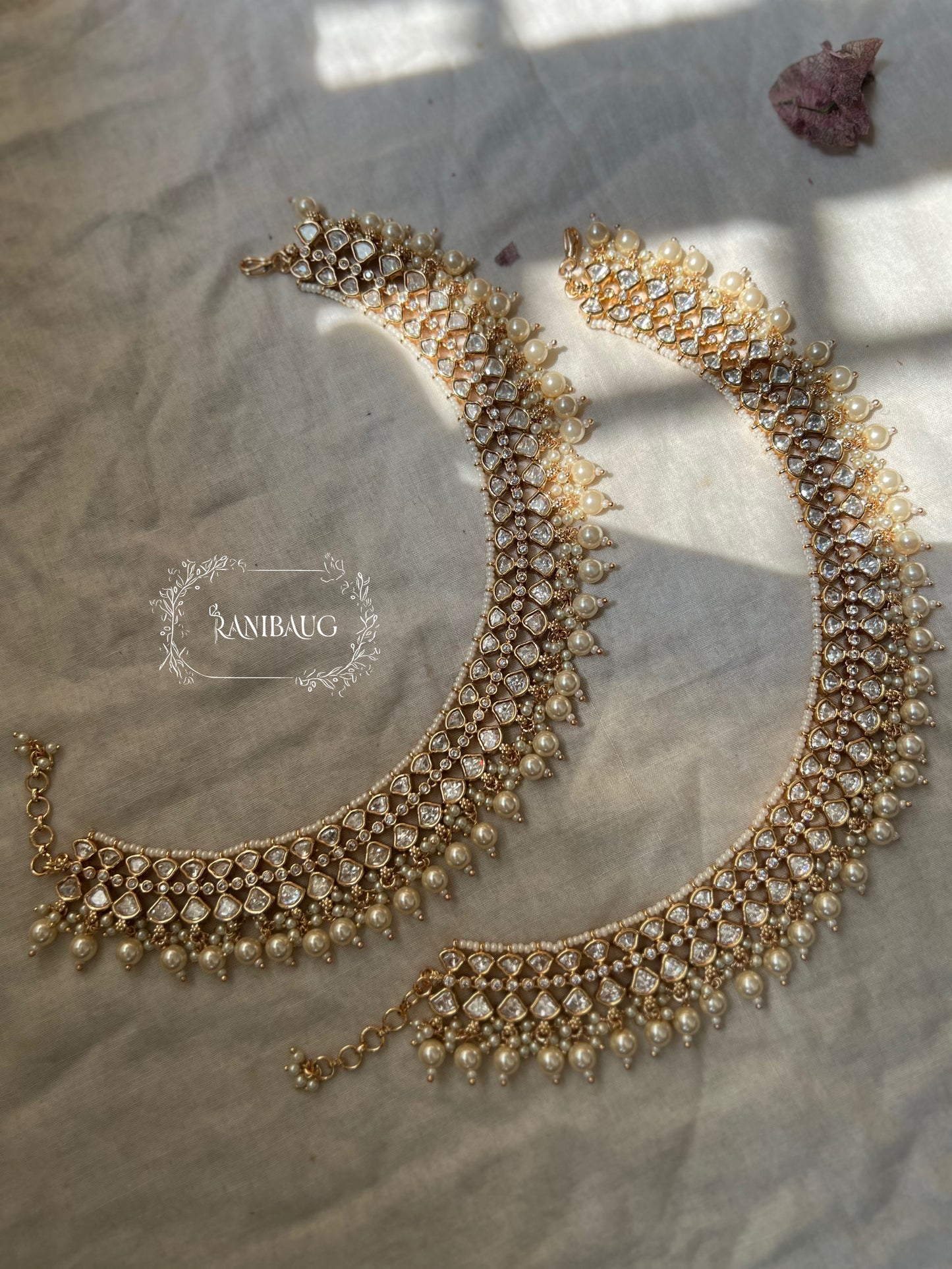 Meenakumari Royal Vintage Mossainite Polki Ankle Bracelet Adorned With Shiny Pearl Accents By Ranibaug | A Statement Anklet Jewelry Heavy Bridal Payal 2026 Wedding Jewellery