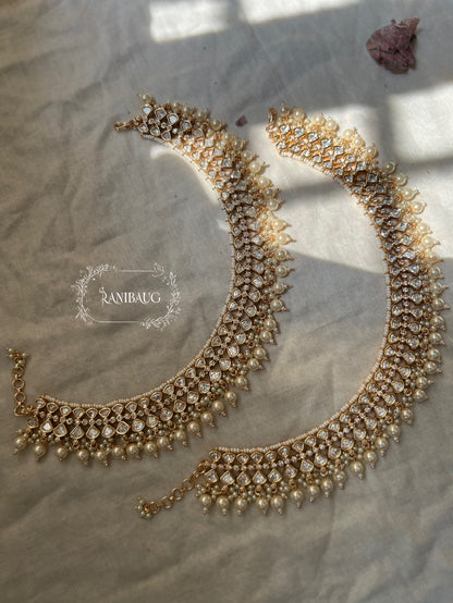 Meenakumari Royal Vintage Mossainite Polki Ankle Bracelet Adorned With Shiny Pearl Accents By Ranibaug | A Statement Anklet Jewelry Heavy Bridal Payal 2026 Wedding Jewellery