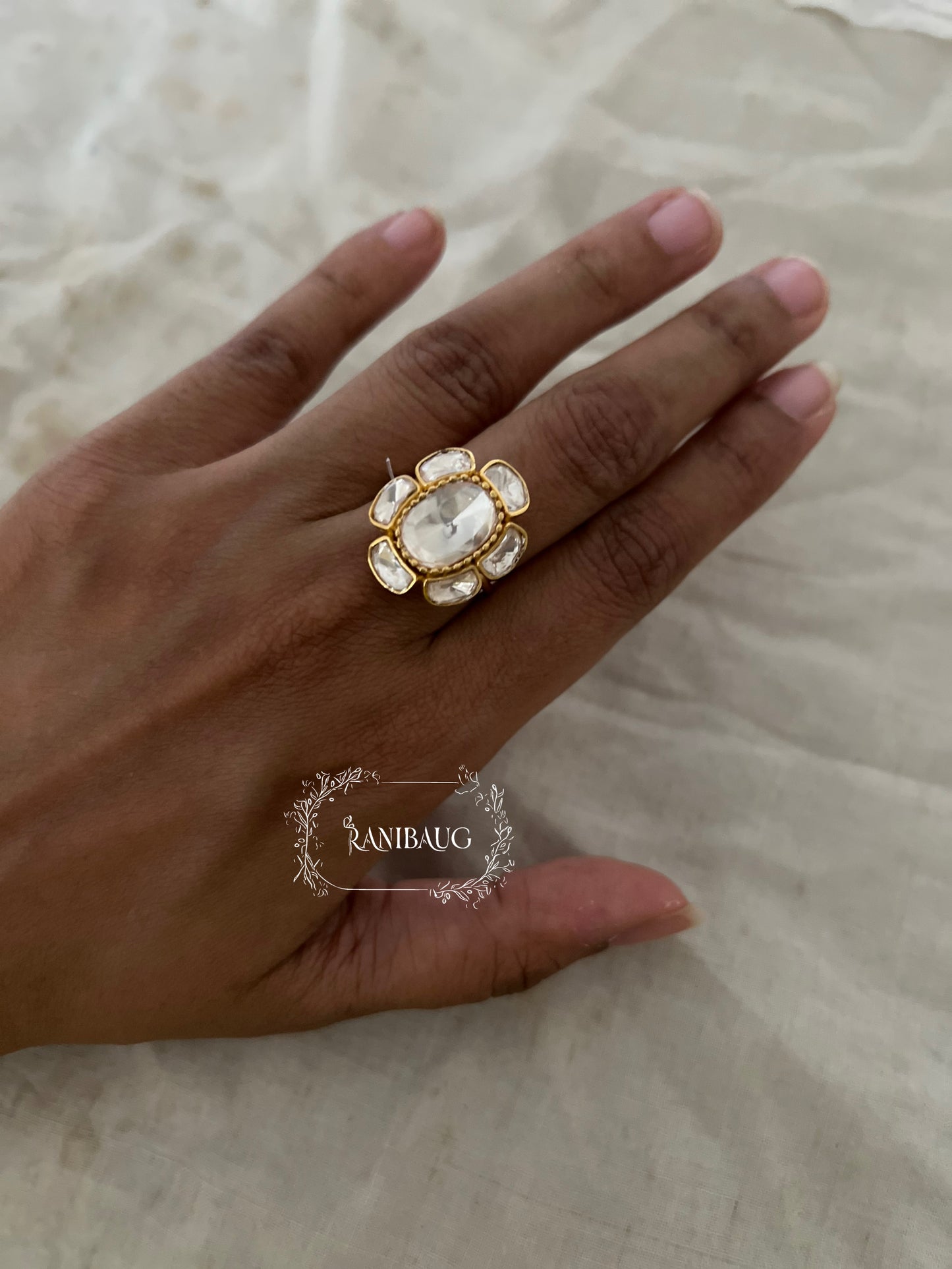 Meeraya Floral Polki Kundan Gold finish Festive Ring by Ranibaug