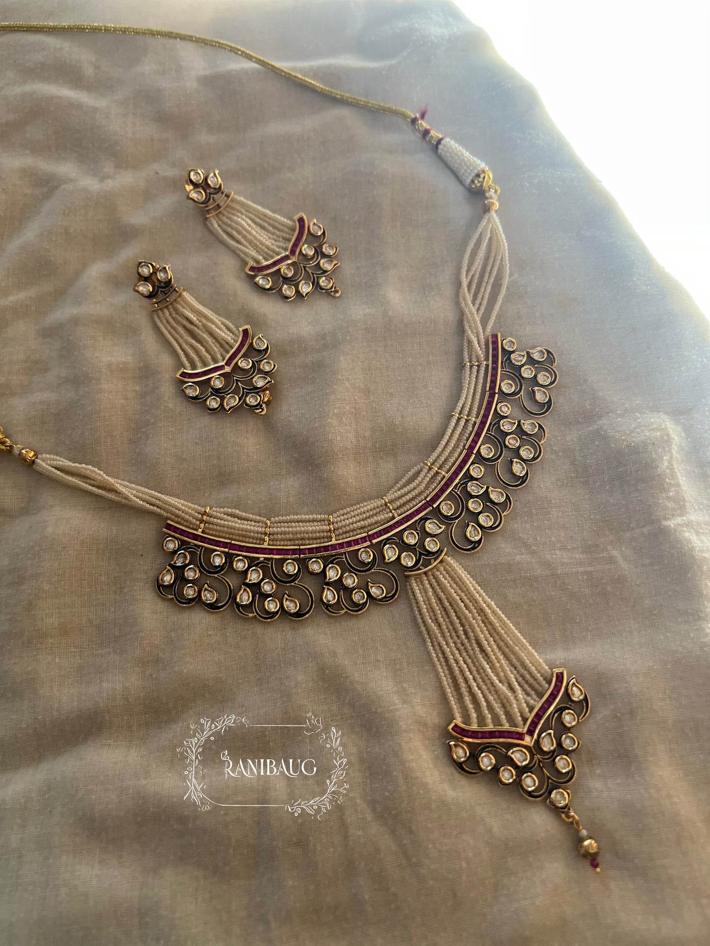 Meher Victorian Finish Polki Studded Necklace Set Featuring Unique Designer Pearl Tassel By Ranibaug