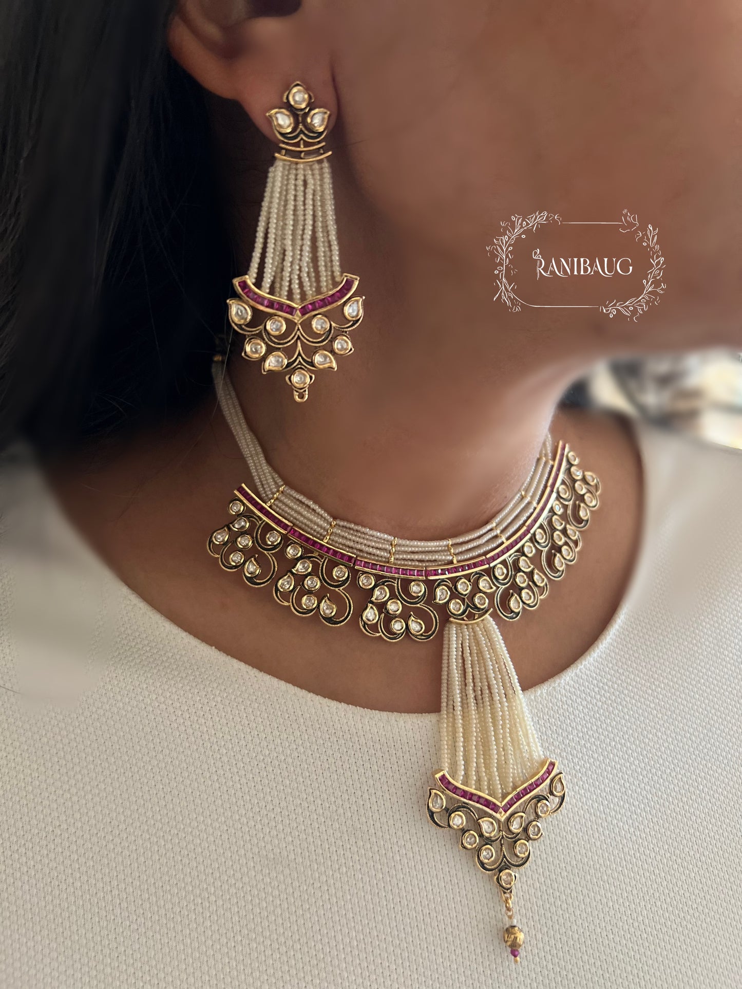 Meher Victorian Finish Polki Studded Necklace Set Featuring Unique Designer Pearl Tassel By Ranibaug