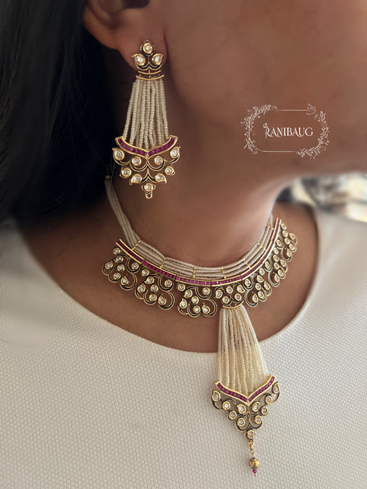 Meher Victorian Finish Polki Studded Necklace Set Featuring Unique Designer Pearl Tassel By Ranibaug