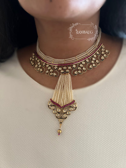 Meher Victorian Finish Polki Studded Necklace Set Featuring Unique Designer Pearl Tassel By Ranibaug