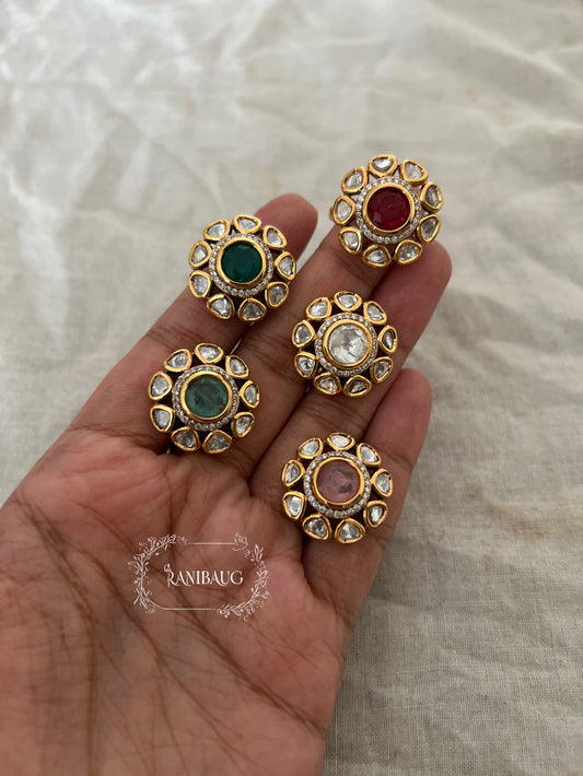 Meherbano Colored Stone Polki Petals Floral Bloom Ring In Rich Gold Finish By Ranibaug