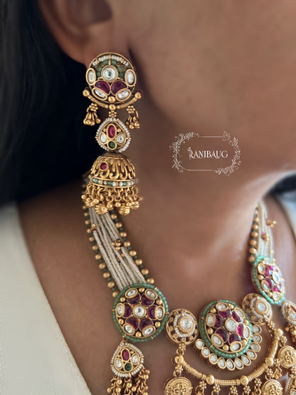 Mehrang Royal Designer Kundan Studded Pearl Beaded Gold Finish Emerald Ruby Adorned Necklace Set By Ranibaug