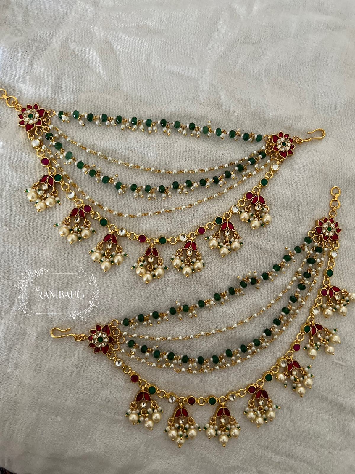 Mehrang Traditional Emerald Ruby Heavy Layered Traditional Designer Hair Chain Jewelry By Ranibaug