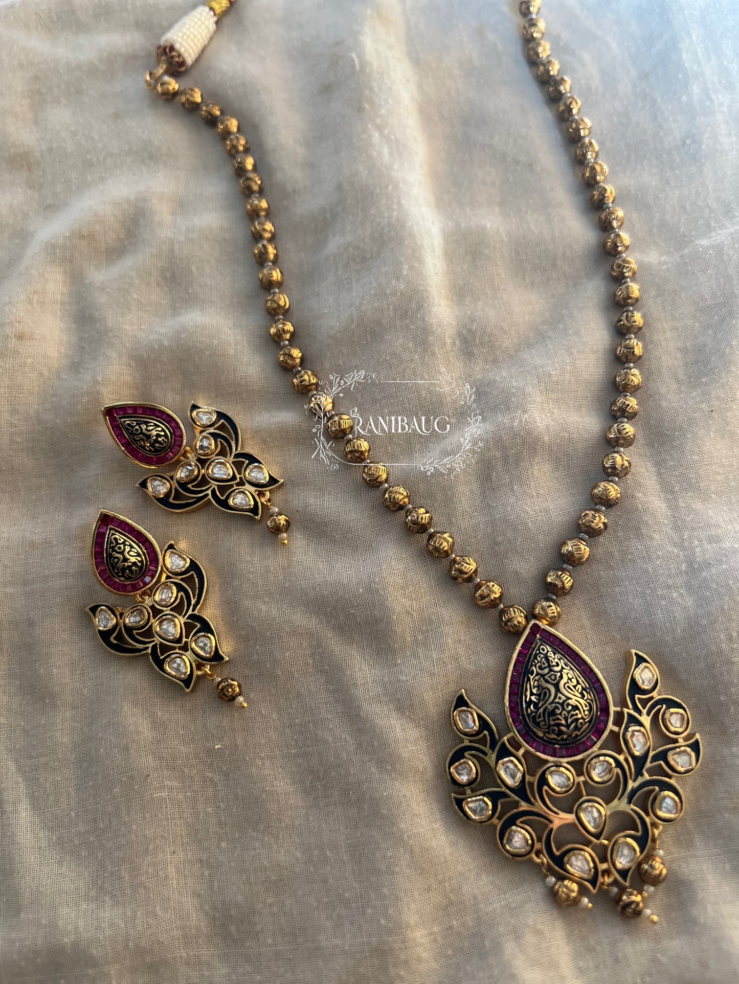 Mehrasa Antique Gold Finish Traditional Indian Polki Studded Necklace Set By Ranibaug