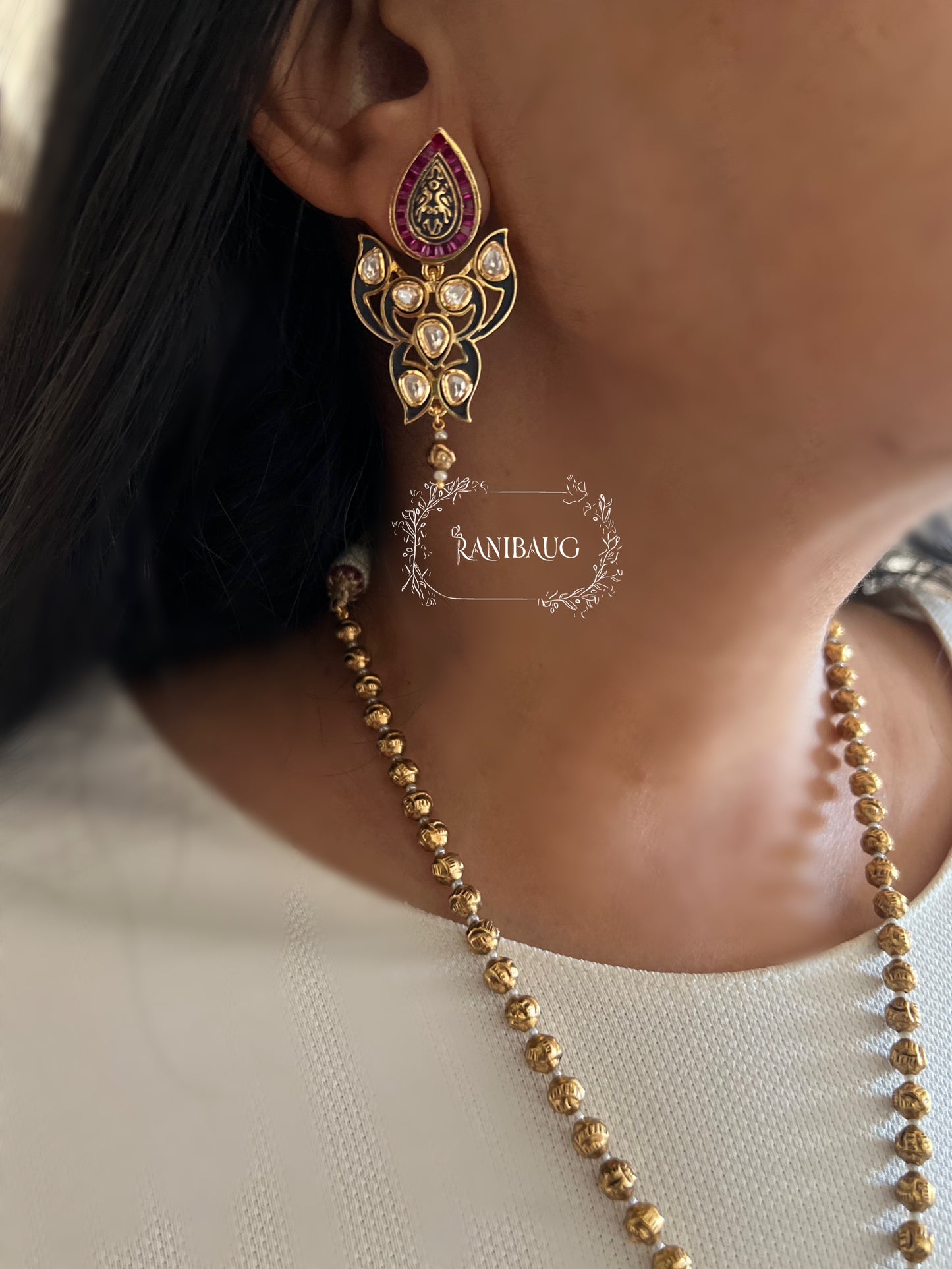 Mehrasa Antique Gold Finish Traditional Indian Polki Studded Necklace Set By Ranibaug