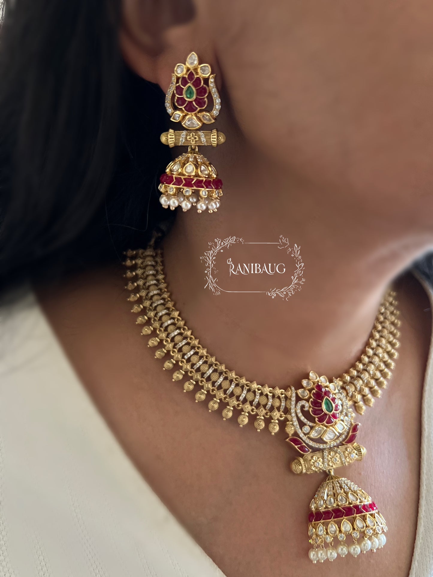 Mehrasa Ruby Rich Gold Finish Polki Pearl Adorned Jharokha Heritage Choker Set By Ranibaug