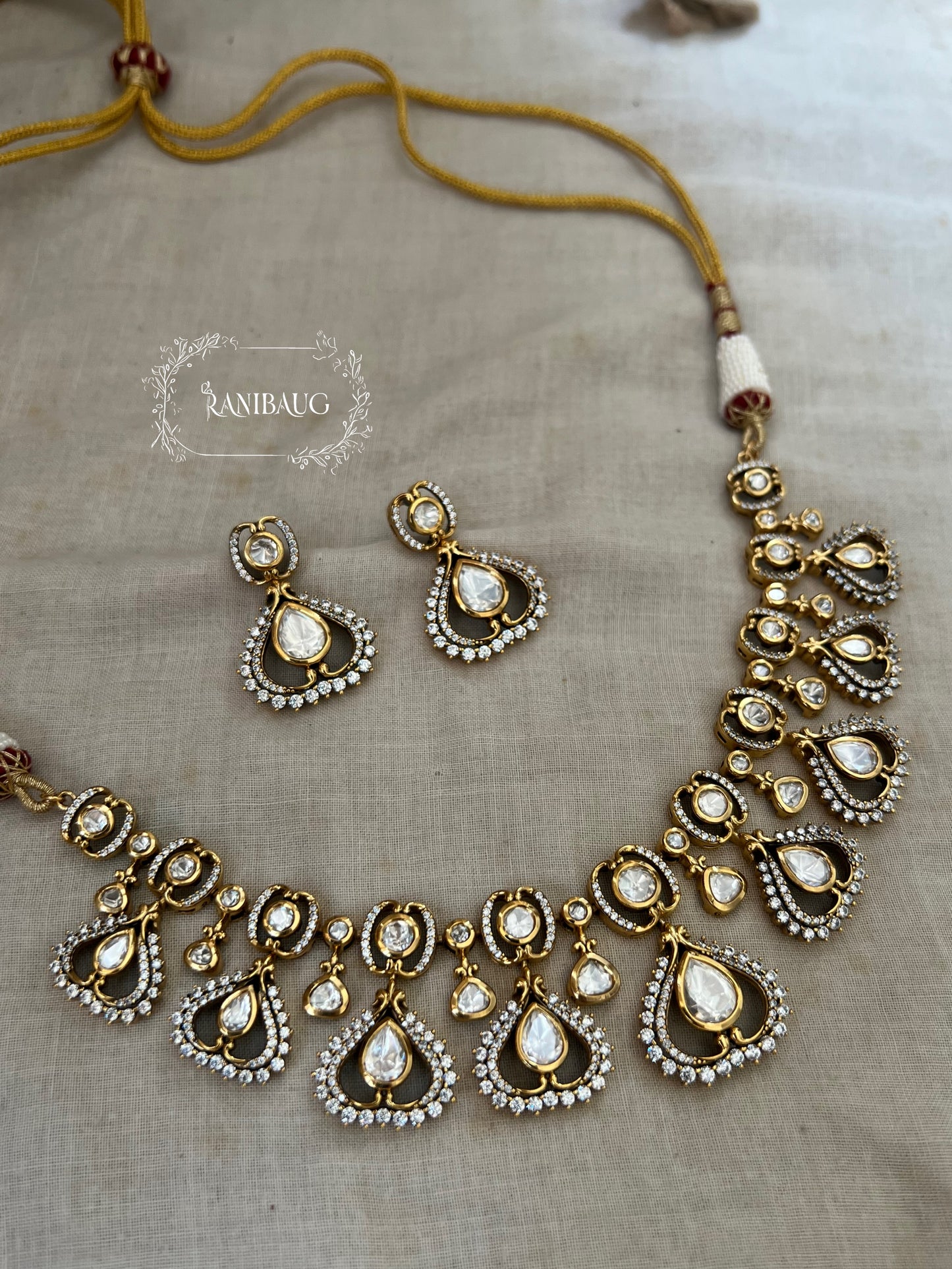 Mihika Designer Antique Gold Victorian Finish Starlight Polki Kundan Necklace Jewellery Set By Ranibaug | 2025 2026