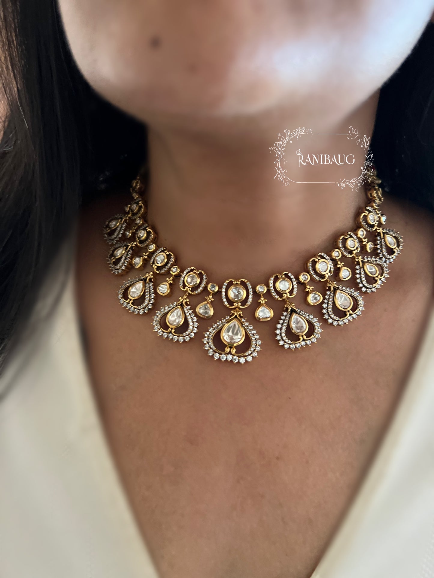 Mihika Designer Antique Gold Victorian Finish Starlight Polki Kundan Necklace Jewellery Set By Ranibaug | 2025 2026