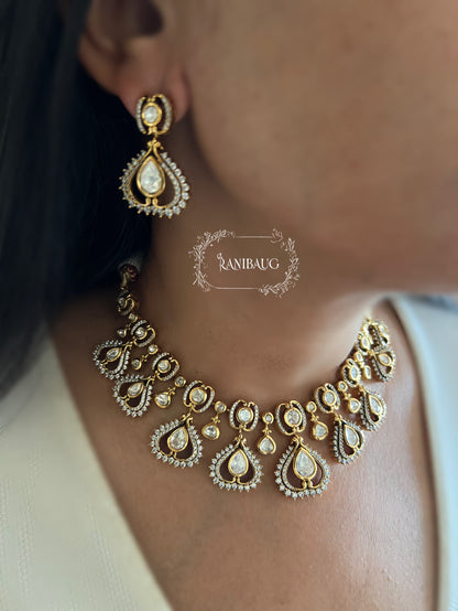 Mihika Designer Antique Gold Victorian Finish Starlight Polki Kundan Necklace Jewellery Set By Ranibaug | 2025 2026