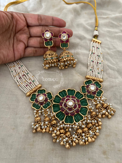 Mihika Emerald Gul Floral Motif Gold And White Tassel Fringe Heritage Necklace Jewellery Set By Ranibaug