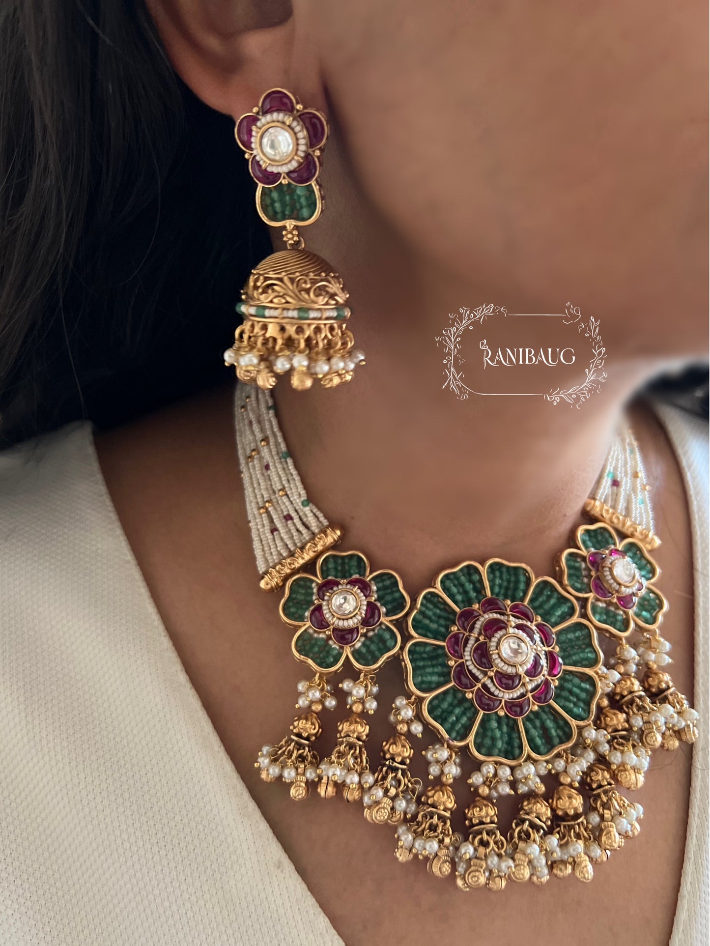 Mihika Emerald Gul Floral Motif Gold And White Tassel Fringe Heritage Necklace Jewellery Set By Ranibaug
