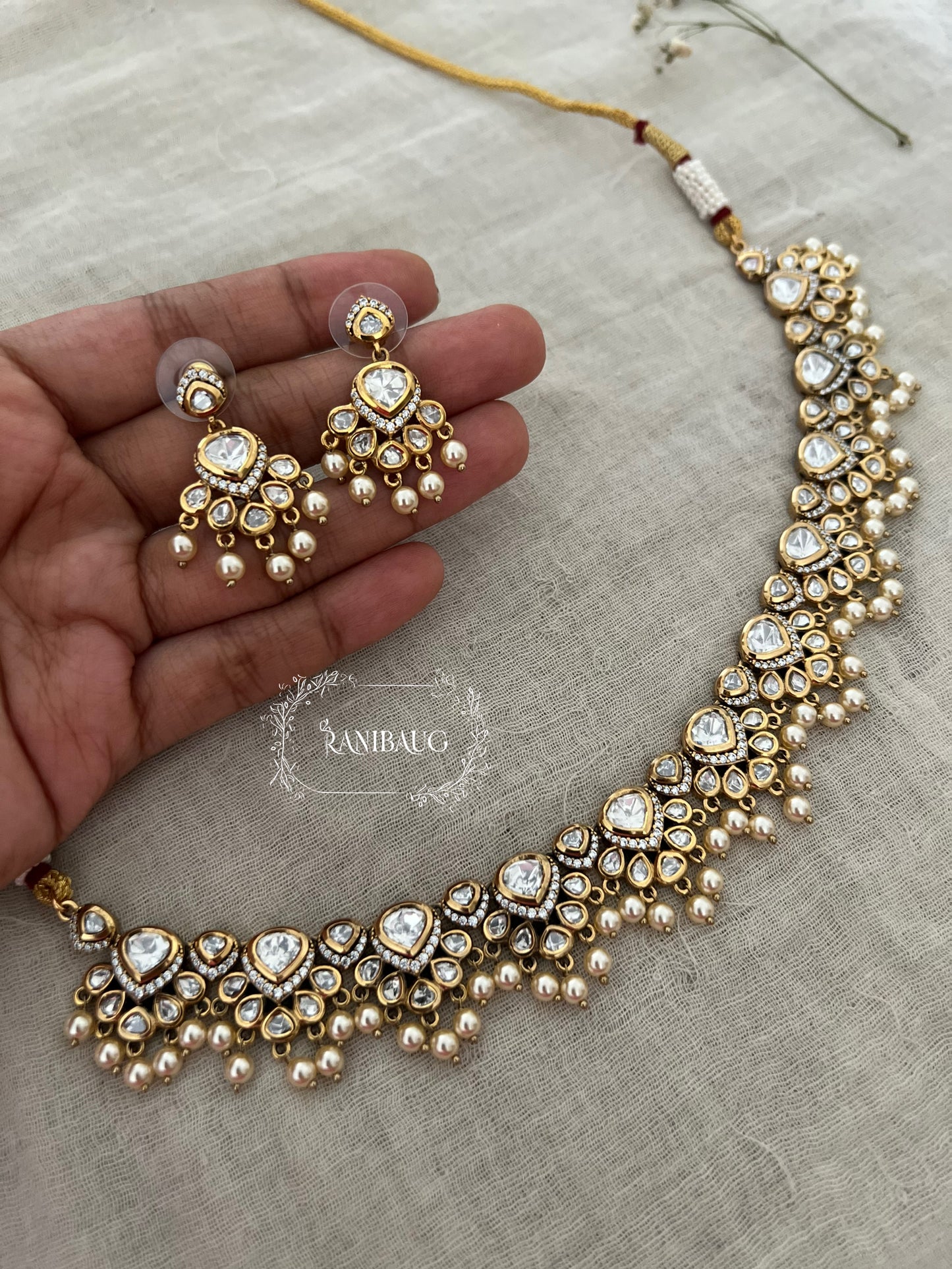 Mihika Polki Kundan Studded Off White Pearl Fringe Necklace Set By Ranibaug