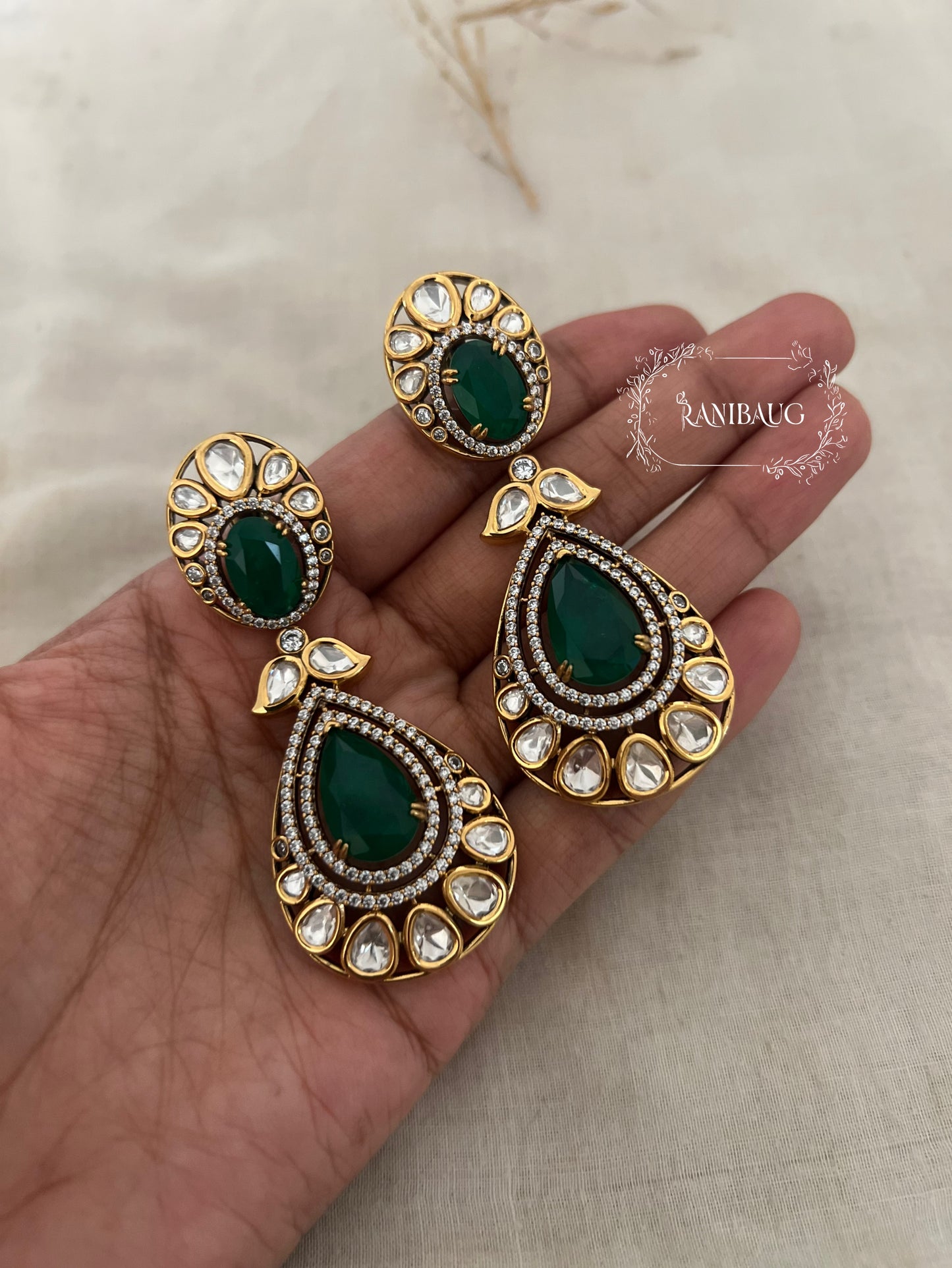 Mihira Emerald & Polki Drop Festive Earrings | Gold-Plated Victorian Danglers By Ranibaug | 2025