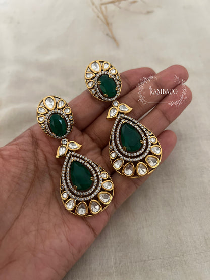 Mihira Emerald & Polki Drop Festive Earrings | Gold-Plated Victorian Danglers By Ranibaug | 2025