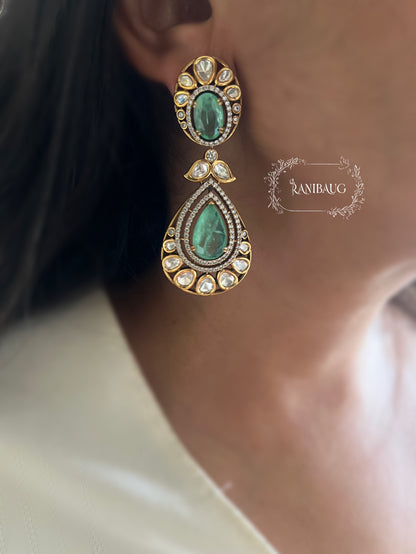 Mihira Emerald & Polki Drop Festive Earrings | Gold-Plated Victorian Danglers By Ranibaug | 2025