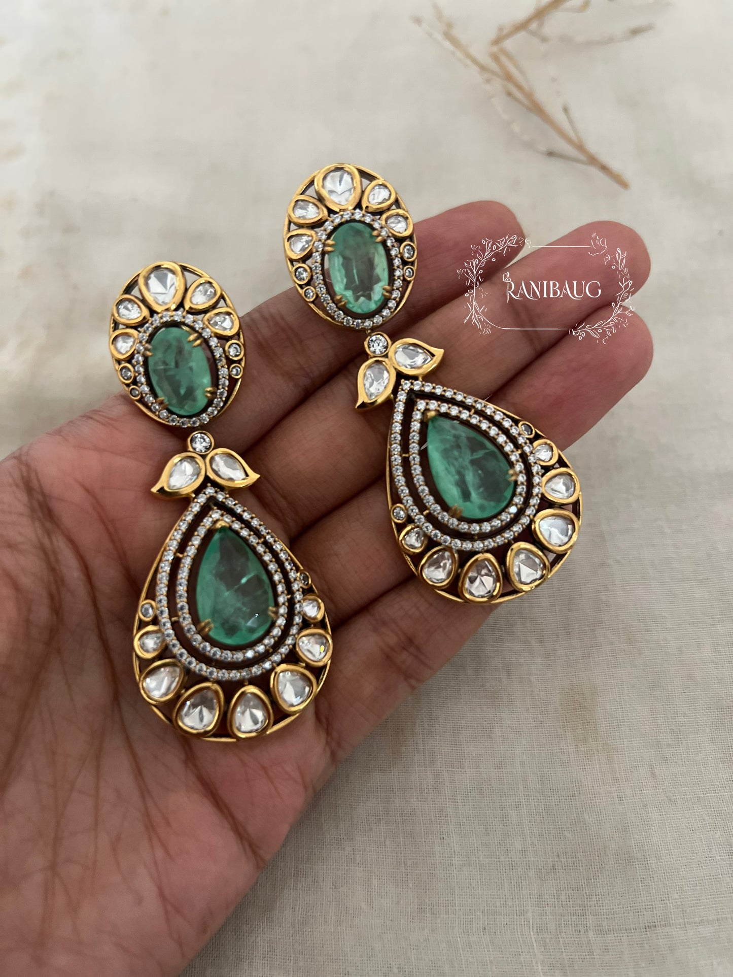 Mihira Emerald & Polki Drop Festive Earrings | Gold-Plated Victorian Danglers By Ranibaug | 2025