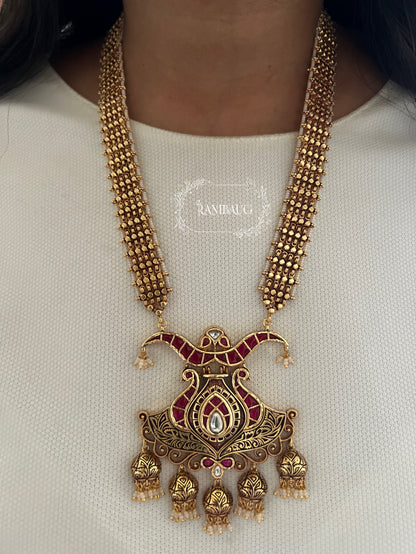 Mihira Royal Antique Gold Ruby Red Designer Heritage Long Necklace Set By Ranibaug