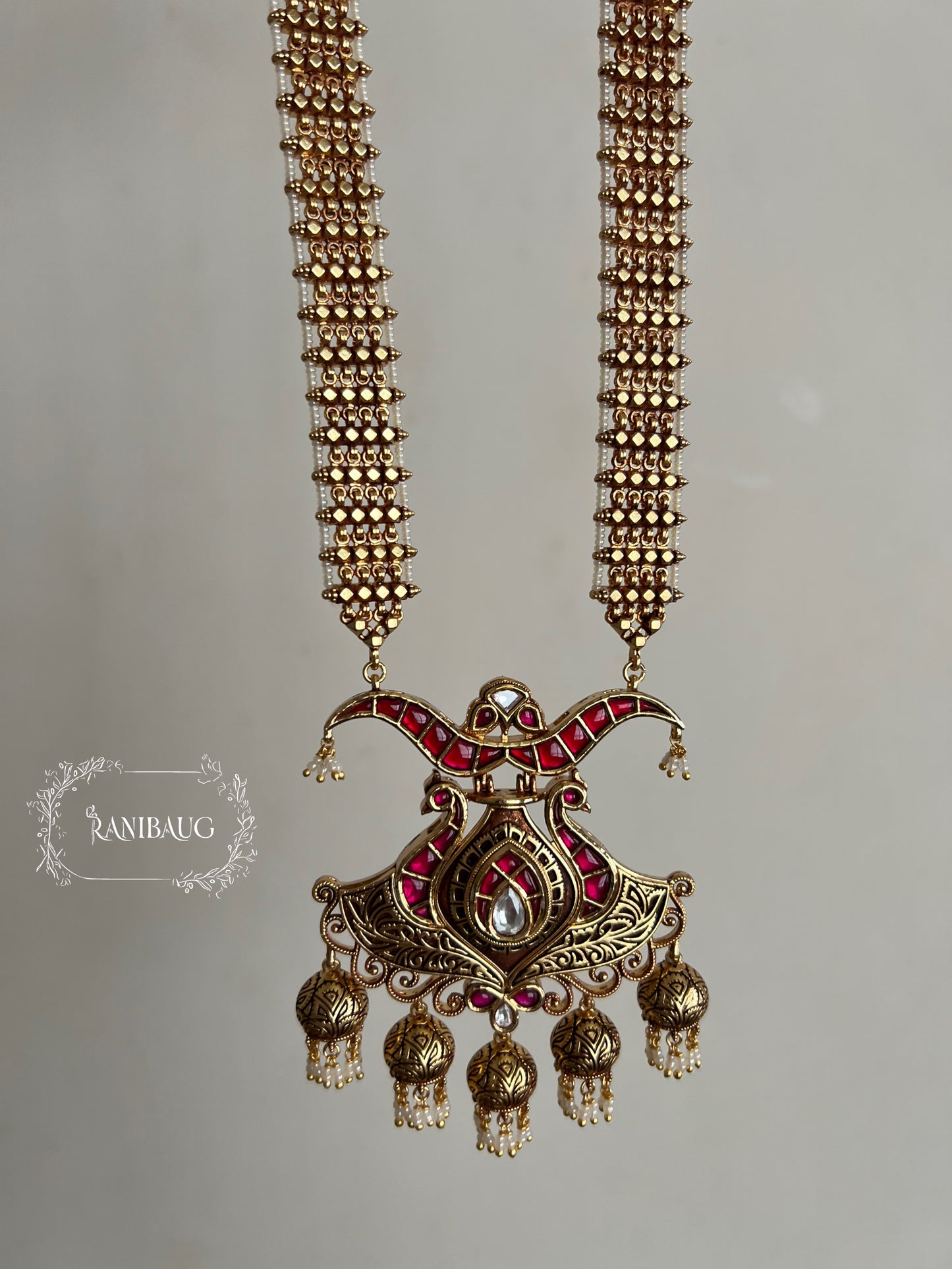 Mihira Royal Antique Gold Ruby Red Designer Heritage Long Necklace Set By Ranibaug