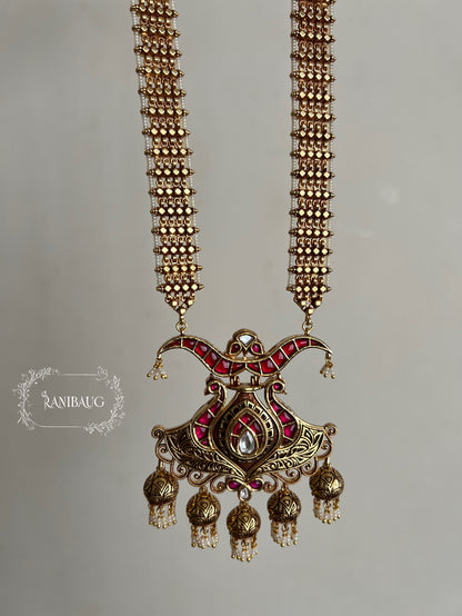 Mihira Royal Antique Gold Ruby Red Designer Heritage Long Necklace Set By Ranibaug