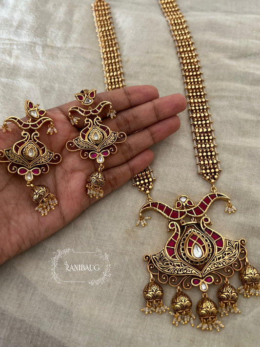 Mihira Royal Antique Gold Ruby Red Designer Heritage Long Necklace Set By Ranibaug