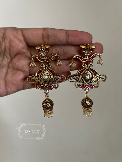 Mihira Royal Antique Gold Ruby Red Designer Heritage Long Necklace Set By Ranibaug