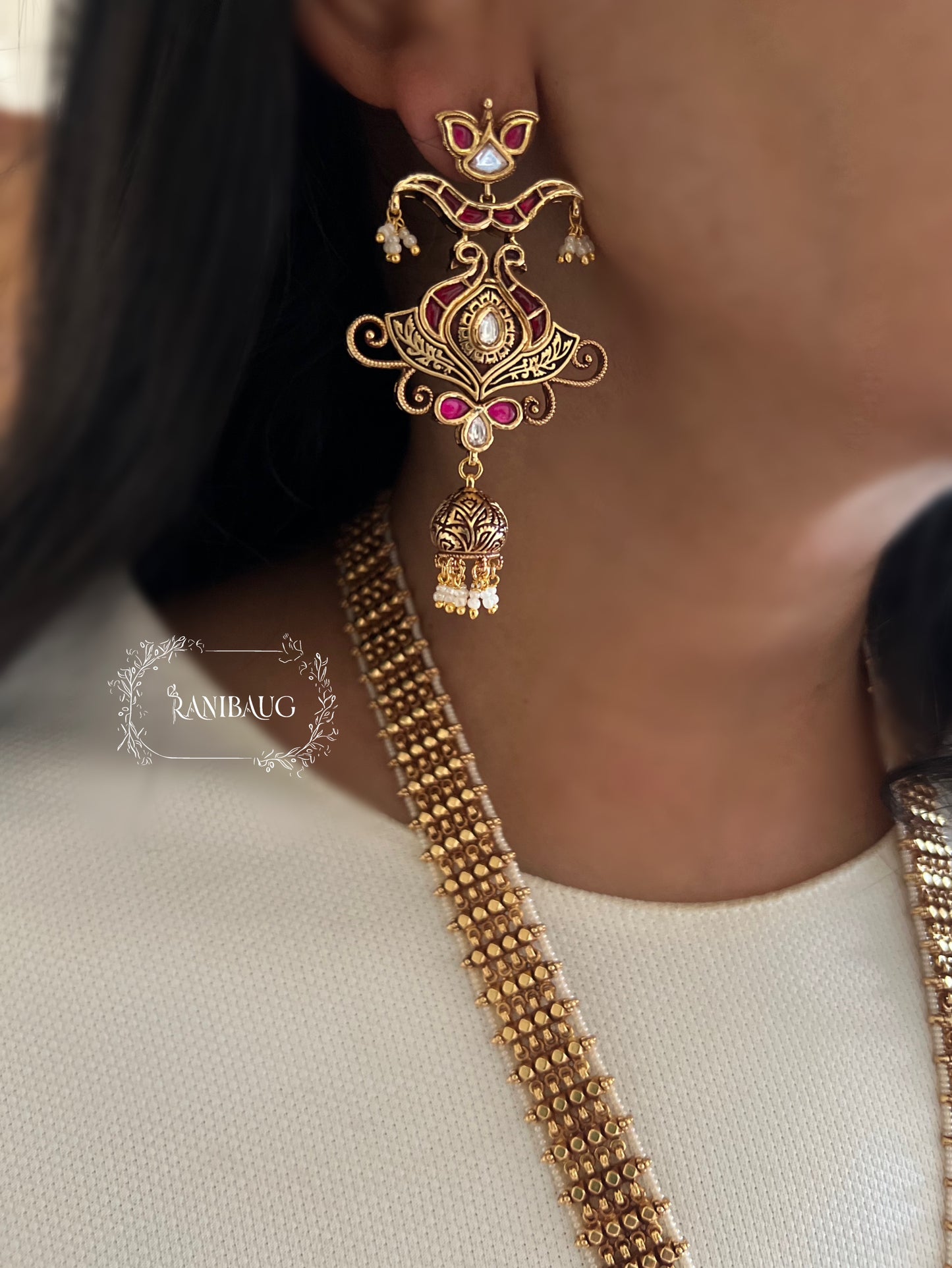Mihira Royal Antique Gold Ruby Red Designer Heritage Long Necklace Set By Ranibaug