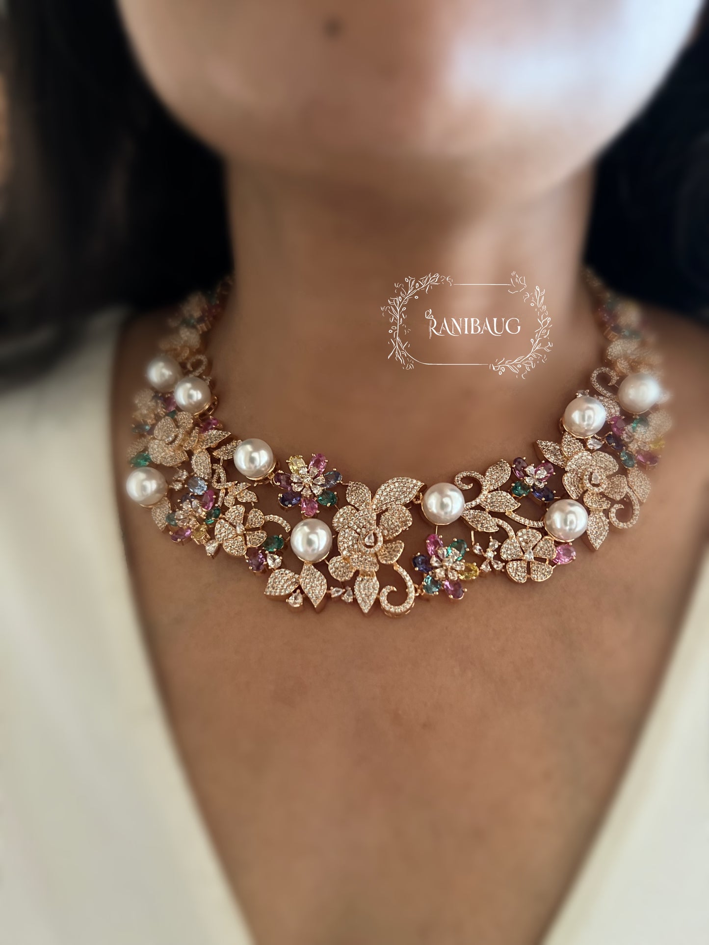 Mika Floral Multicolor Stones Diamond Pearl Adorned Necklace Set By Ranibaug