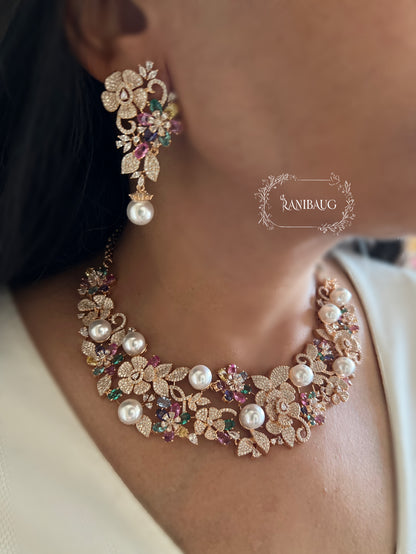 Mika Floral Multicolor Stones Diamond Pearl Adorned Necklace Set By Ranibaug