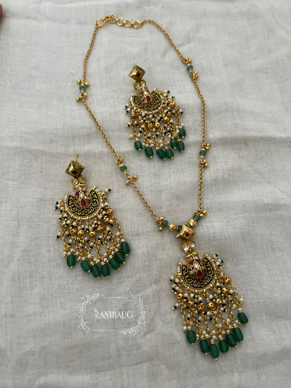 Miloni Gold Finish Green Beads Adorned Tassel Classic Heitage Necklace Set By Ranibaug