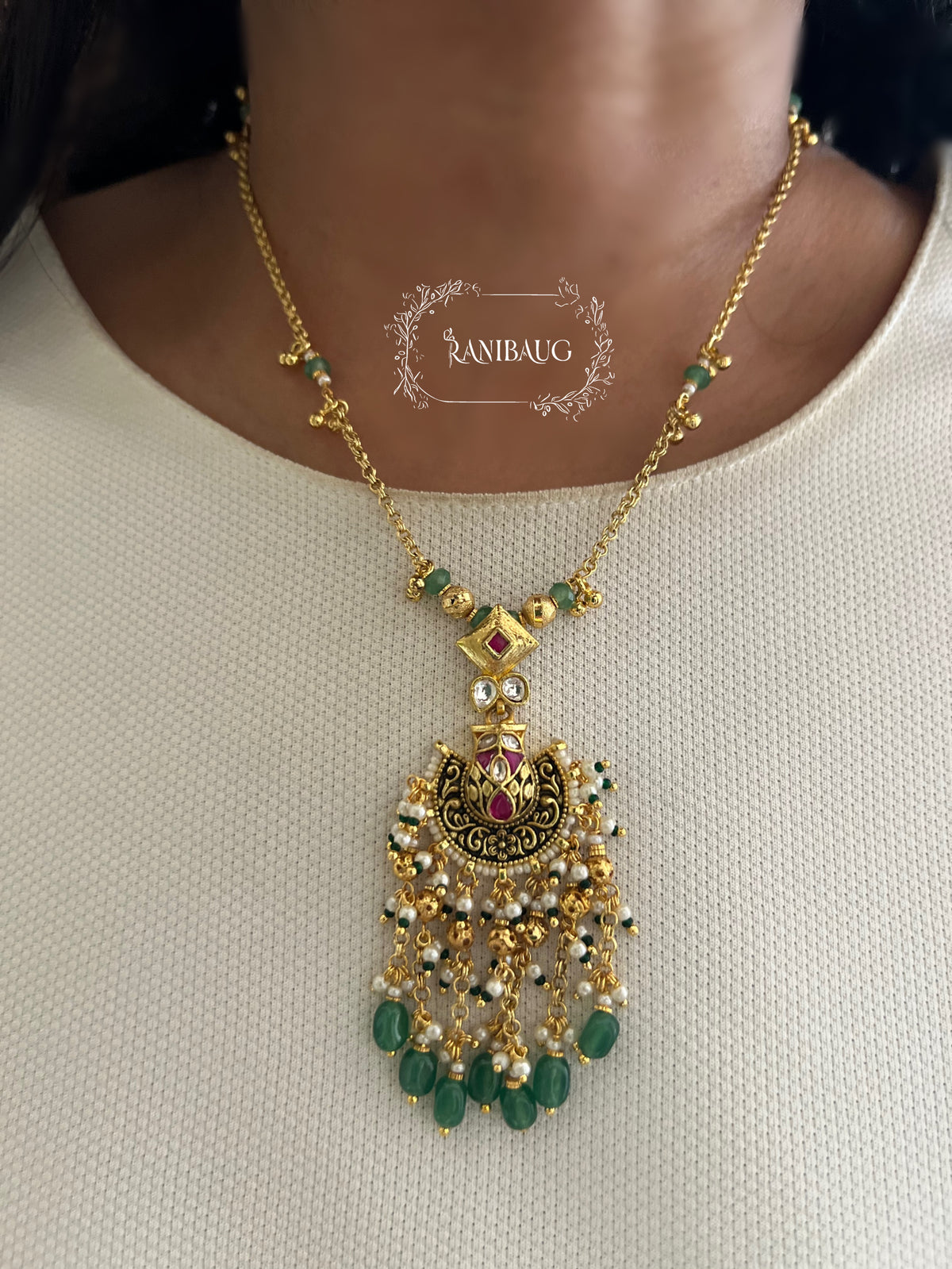 Miloni Gold Finish Green Beads Adorned Tassel Classic Heitage Necklace Set By Ranibaug