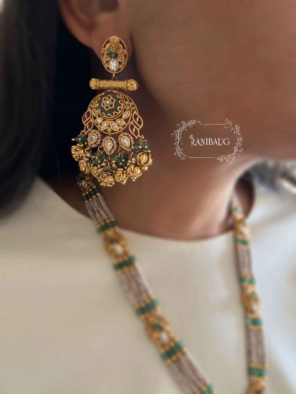 Minakshi Antique Gold Finish Temple Jewelry Necklace Set By Ranibaug